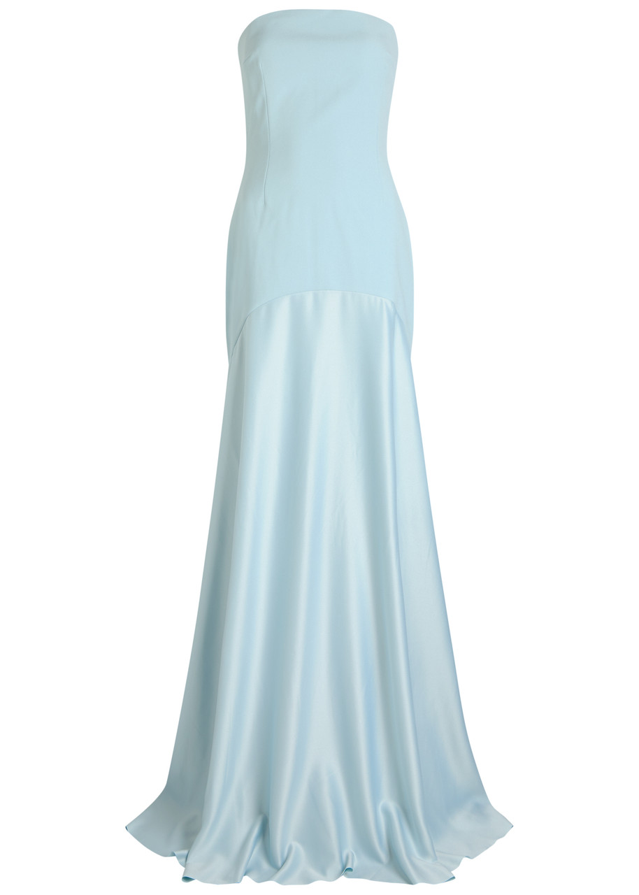 Solace London Alessandra Strapless Satin And Crepe Gown In Blue