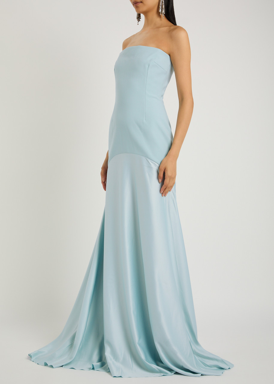 Solace London Alessandra Strapless Satin And Crepe Gown In Blue