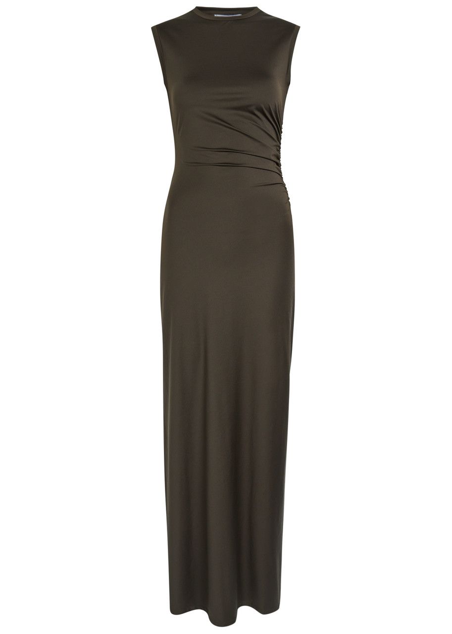 Stella Mccartney Ruched Stretch-jersey Maxi Dress In Brown