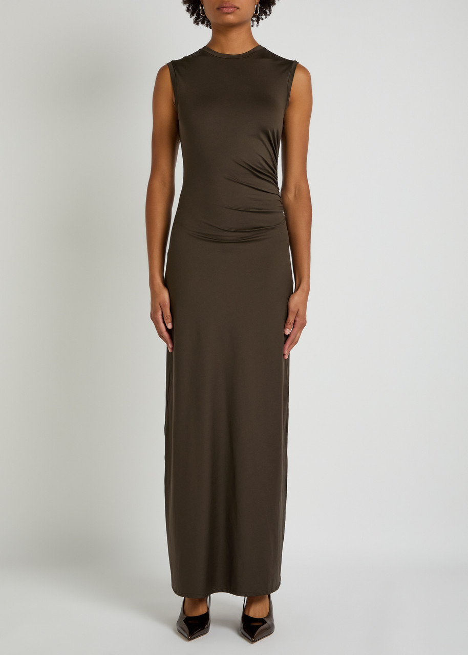 Stella Mccartney Ruched Stretch-jersey Maxi Dress In Brown