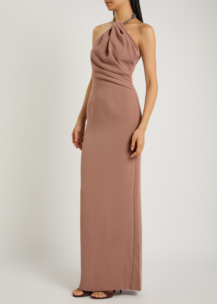 Solace London Riva Draped Crepe Gown In Brown