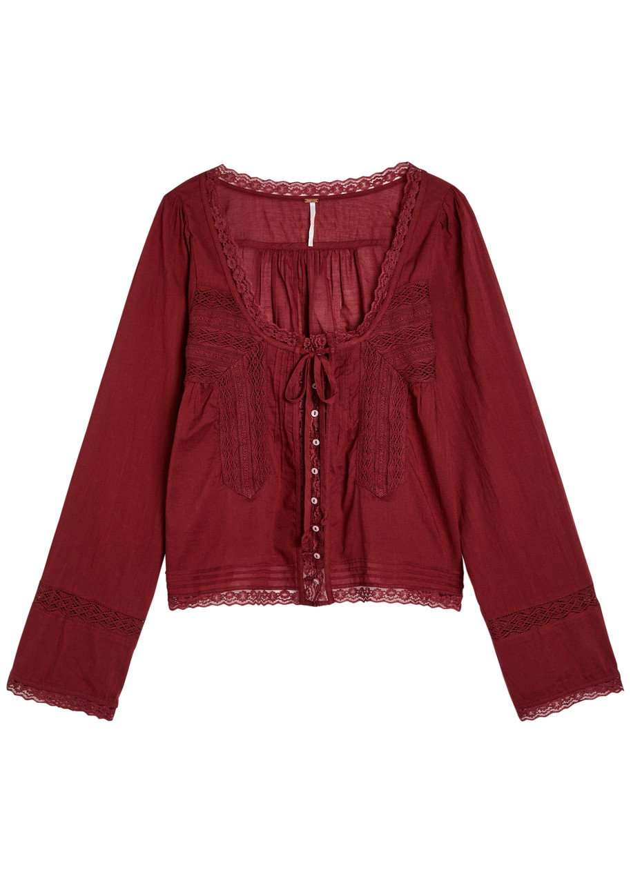 Free People Evermore Lace-embellished Cotton Blouse In Burgundy