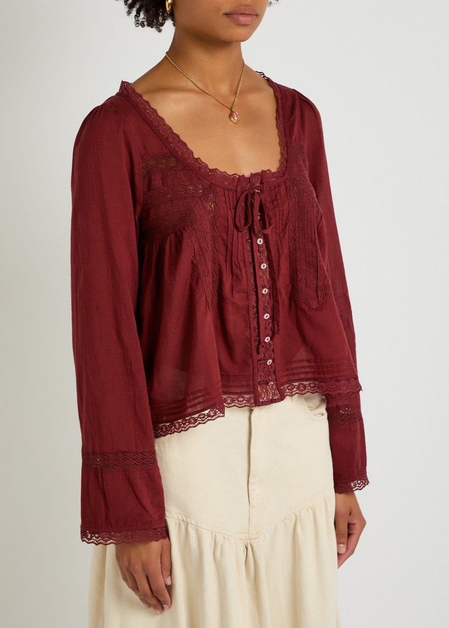 Free People Evermore Lace-embellished Cotton Blouse In Burgundy