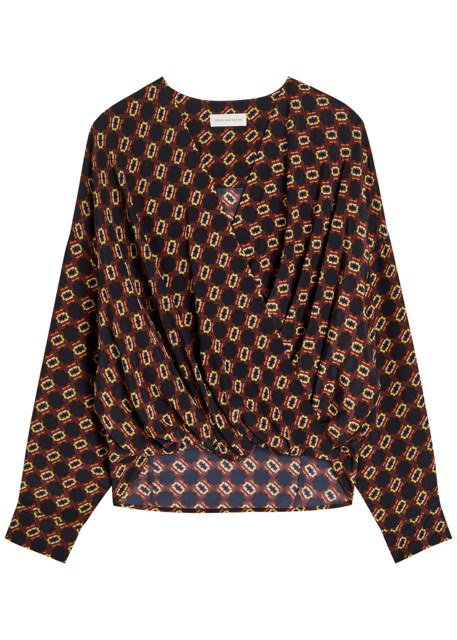Dries Van Noten Camiel Printed Wrap-effect Silk Blouse - Navy - M (UK12 / M)