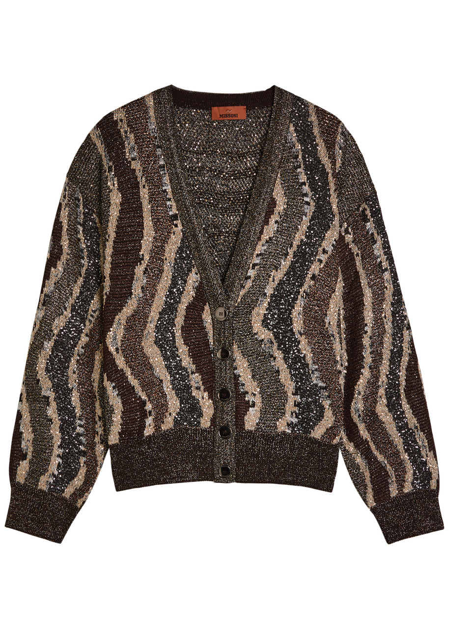 Missoni Womens Brown Tones Stripes Metallic V-neck Knitted Cardigan In Multi