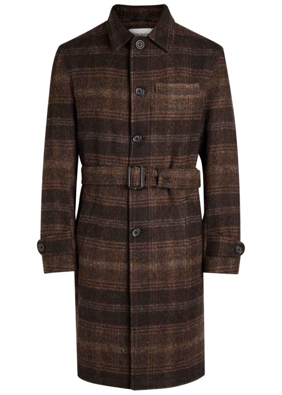 Oliver Spencer Grandpa Belted Checked Wool-felt Coat In Brown