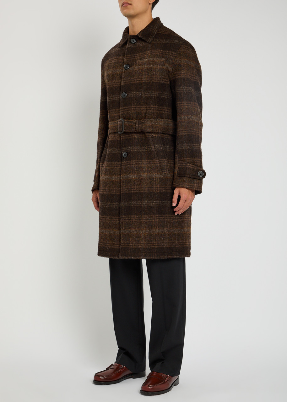 Oliver Spencer Grandpa Belted Checked Wool-felt Coat In Brown