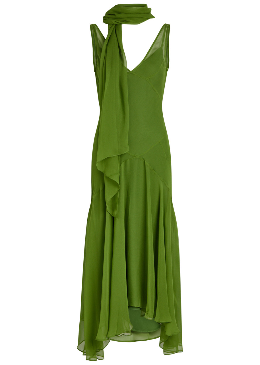 DE LA Vali Mistica Scarf Silk-chiffon Midi Slip Dress - Green - 6 (UK6 / XS)