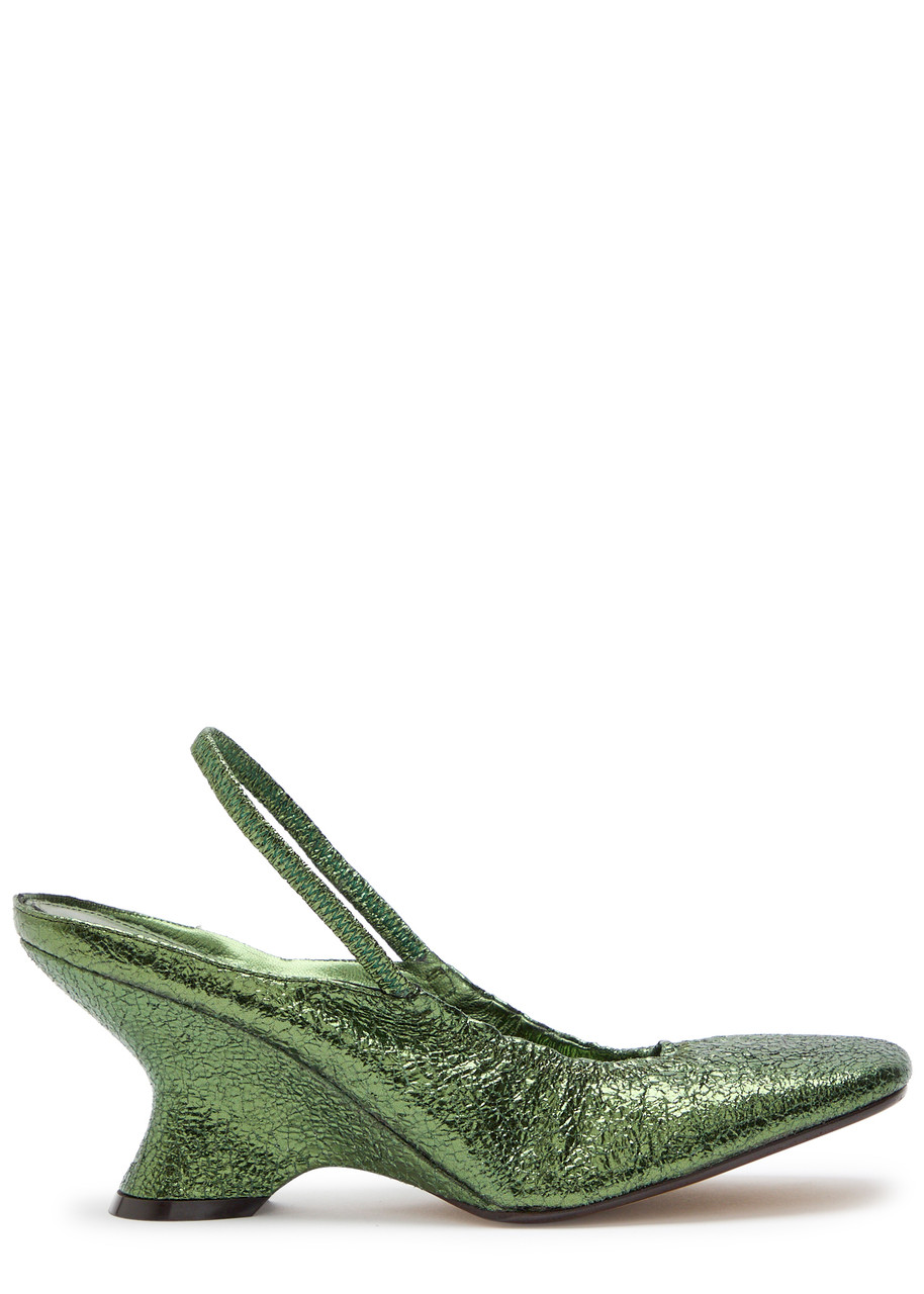 Dries Van Noten 75 Crinkled Metallic Leather Slingback Wedge Sandals - Green - 38 (IT38 / UK5)