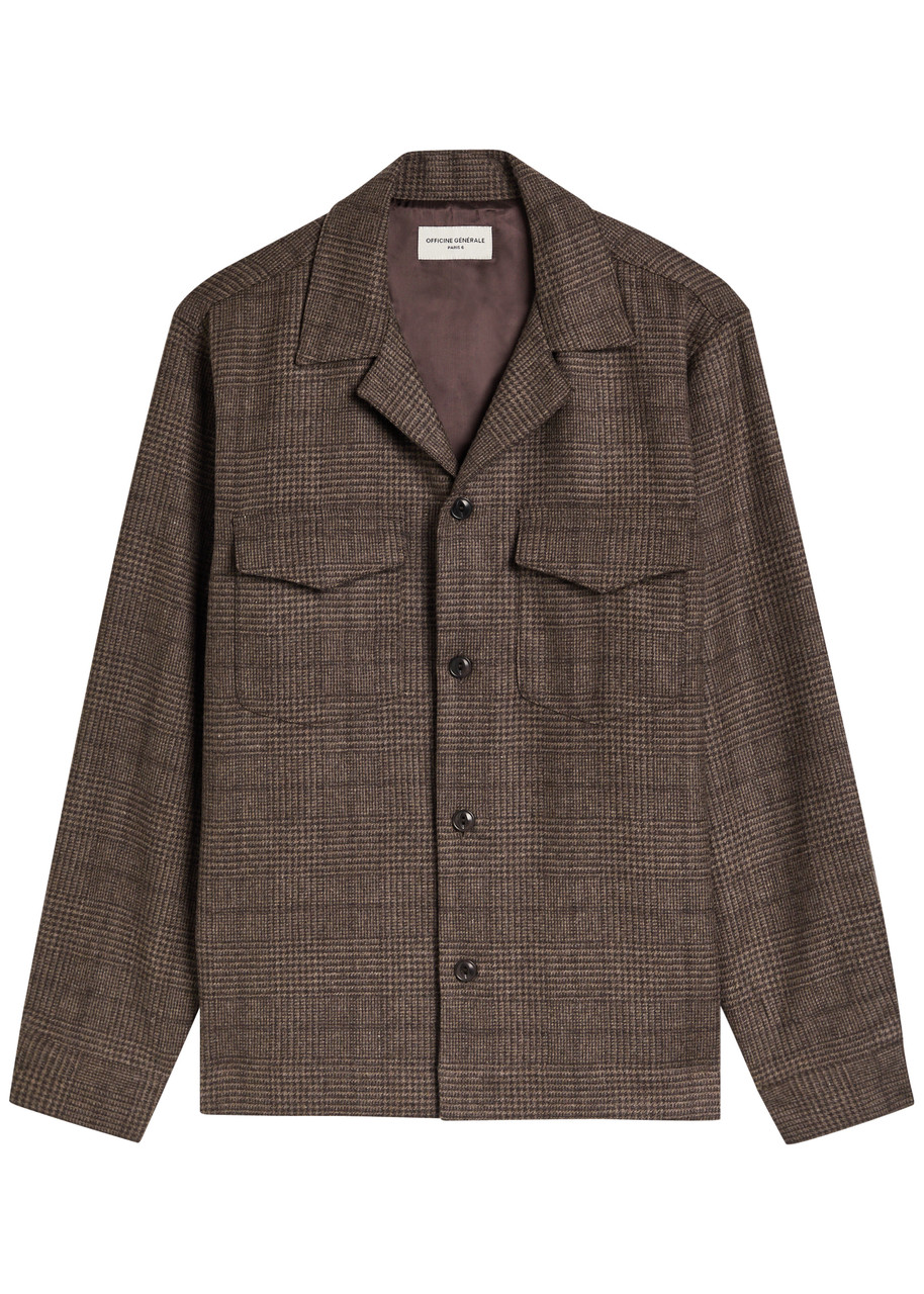 Officine Generale Officine Générale Judas Houndstooth Wool Overshirt In Brown