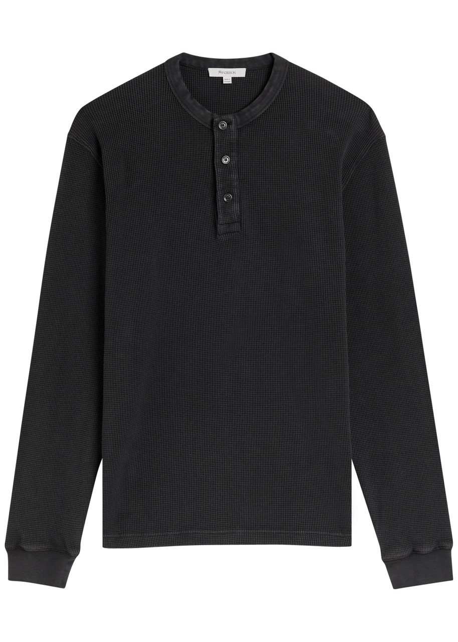 Jw Anderson Long Sleeve Waffle Henley Top In Black