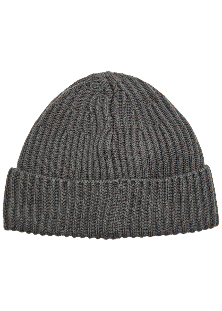 Stone Island Virgin Wool Ribbed Beanie In Gray