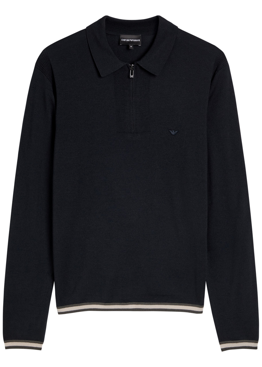 Emporio Armani Half-zip Wool-blend Polo Shirt In Black