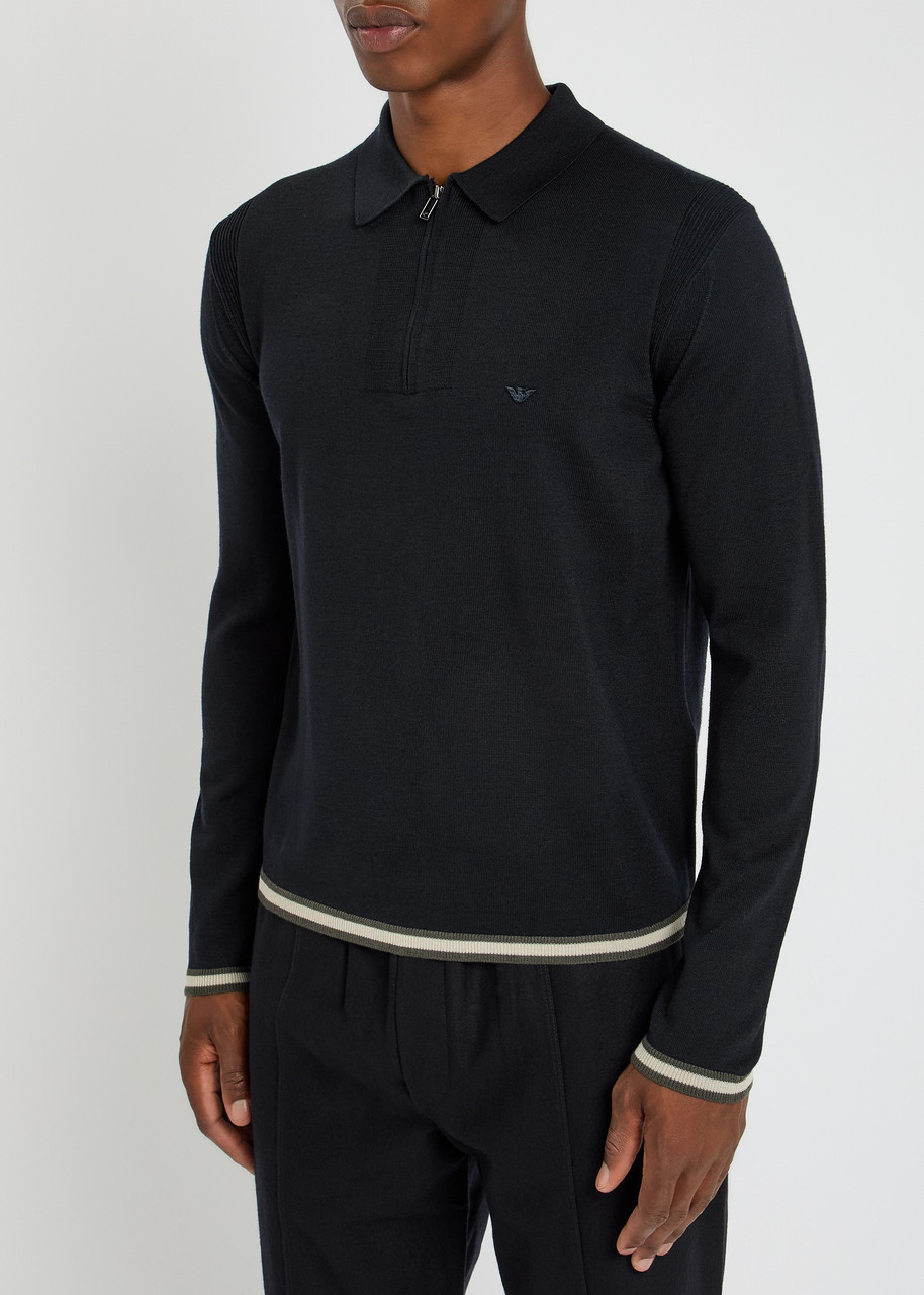 Emporio Armani Half-zip Wool-blend Polo Shirt In Black