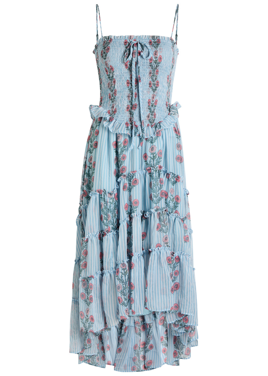Free People Alejandra Floral Tiered Chiffon Midi Dress - Blue - L (UK16-UK18 / L)