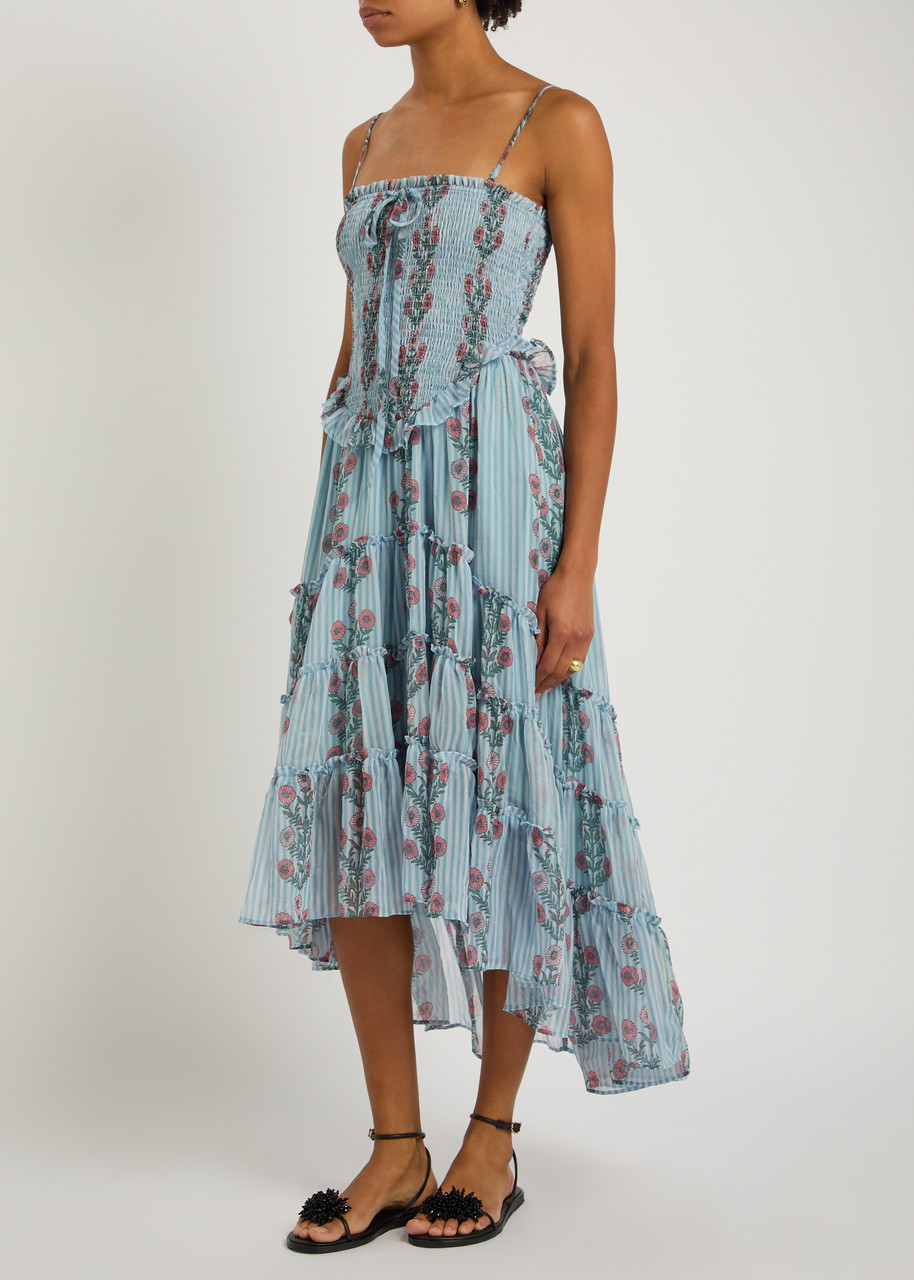 Free People Alejandra Floral Tiered Chiffon Midi Dress In Blue