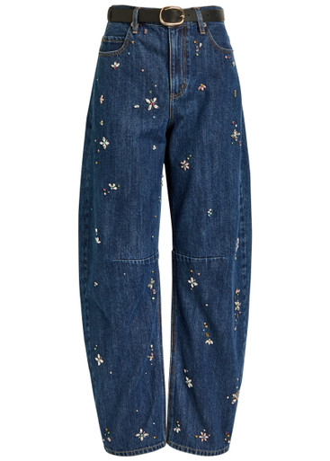 SELF-PORTRAIT: Crystal-embellished barrel-leg jeans