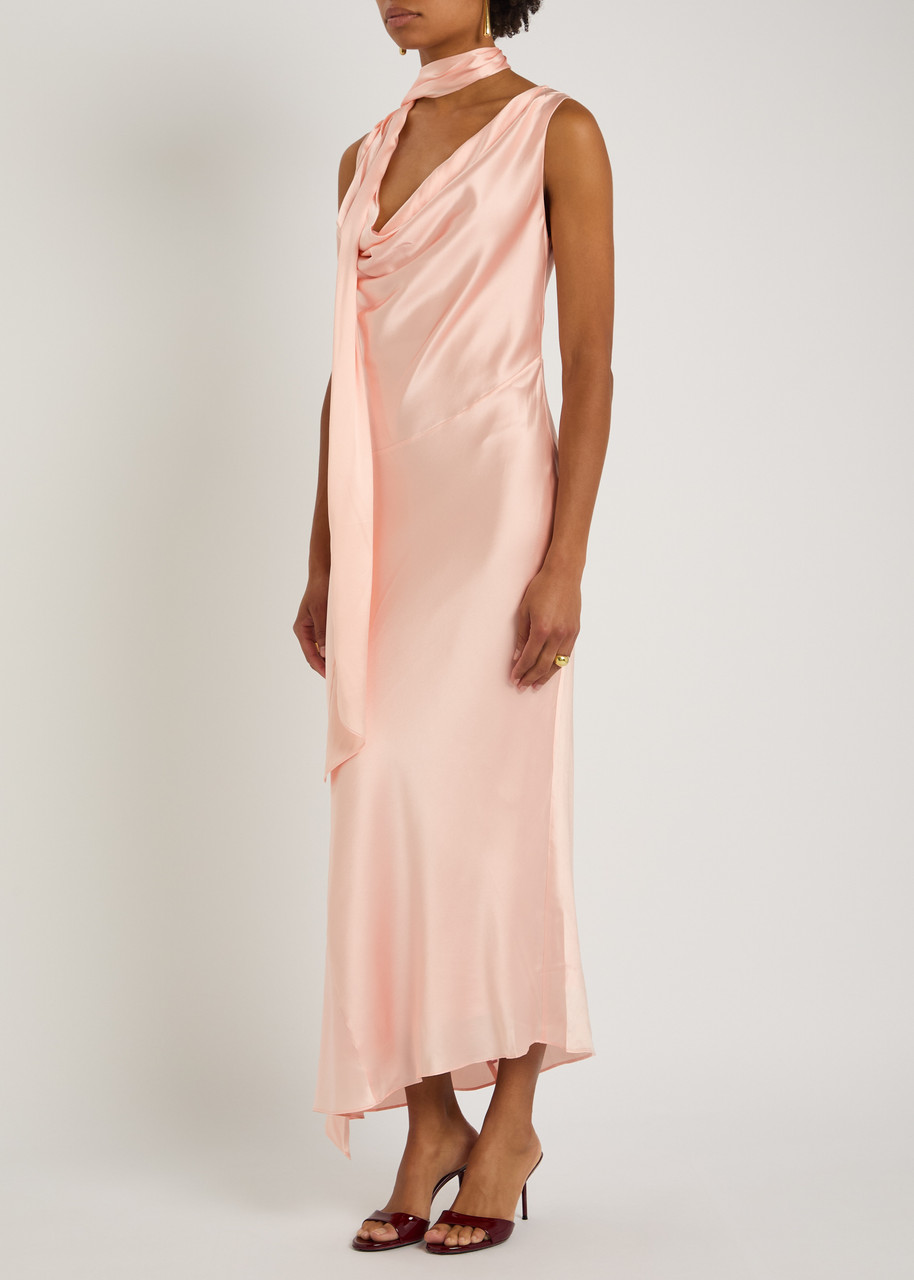 De La Vali Thebe Scarf-effect Draped Silk-satin Midi Slip Dress In Pink