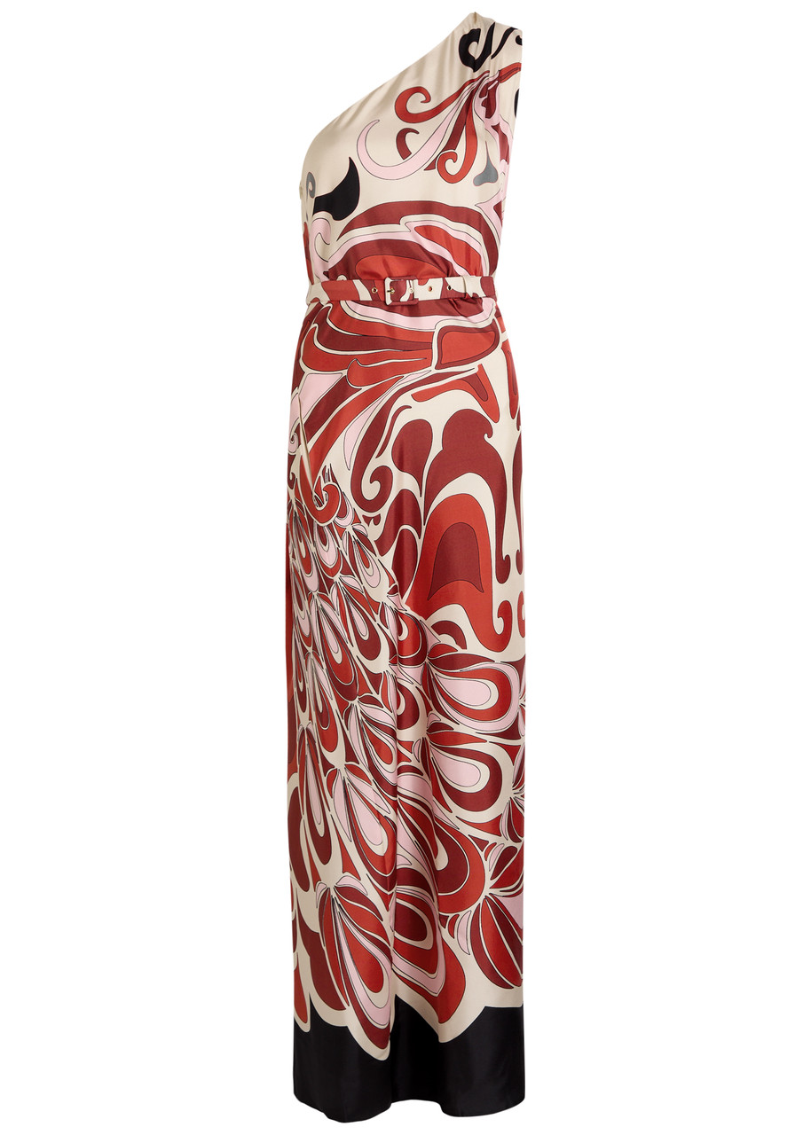 La Doublej La Double J Roy One-shoulder Printed Silk-twill Midi Dress In Multi