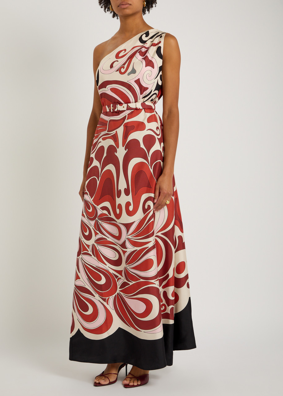 La Doublej La Double J Roy One-shoulder Printed Silk-twill Midi Dress In Multi