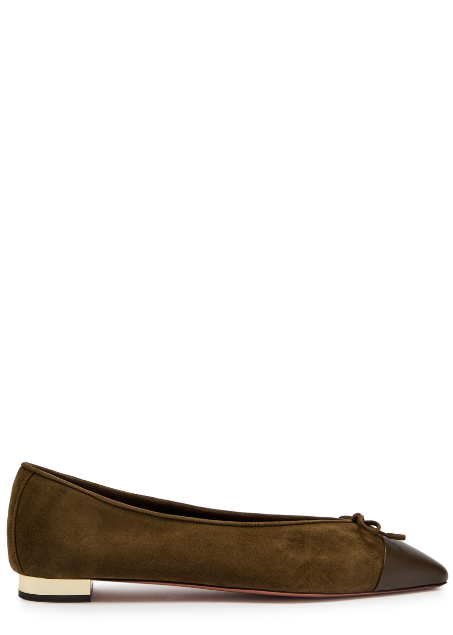 Aquazzura Gioia Bow-detailed Two-tone Leather-trimmed Suede Ballet Flats In Brown