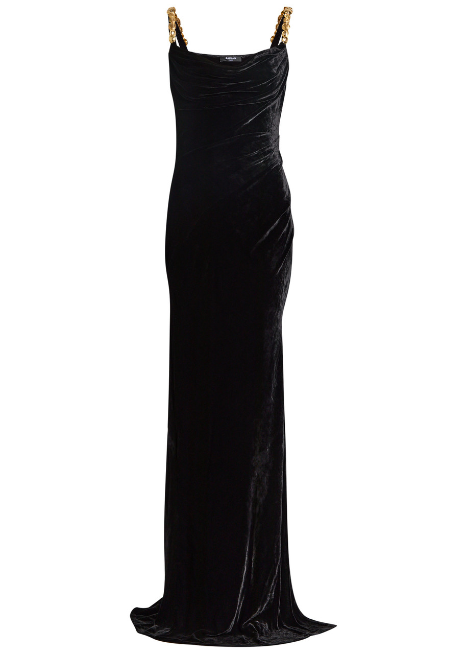 Balmain Embellished Velvet Maxi Dress - Black - 44 (UK16 / XL)