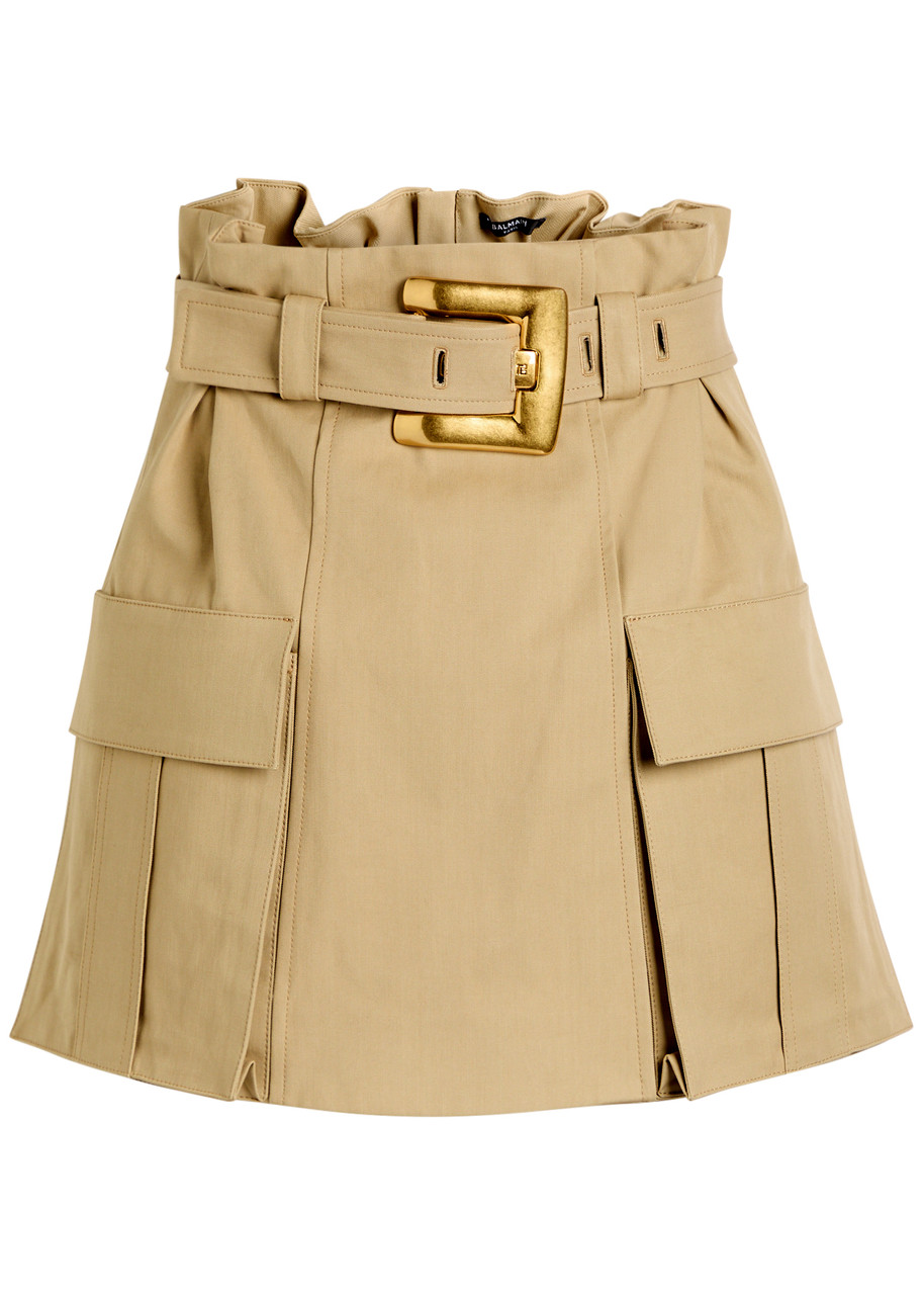 Balmain Belted Cotton Mini Cargo Skirt In Sand