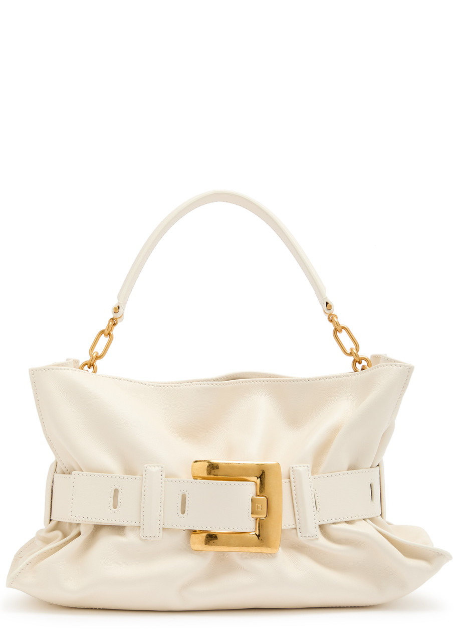 Balmain Anthem Medium Buckle Shoulder Bag In Calfskin In White