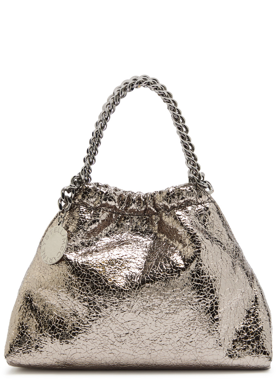 Stella Mccartney Falabella Mini Drawstring Metallic Faux-leather Cross-body Bag In Gray