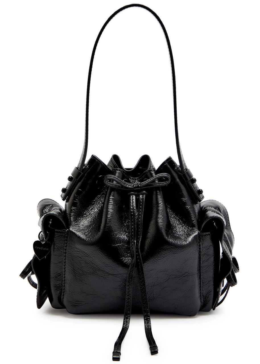 Acne Studios Multipocket Mini Crinkled Leather Bucket Bag In Black
