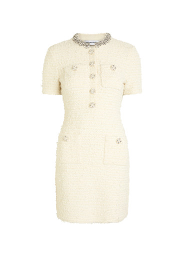 SELF-PORTRAIT: Crystal-embellished bouclé-knit mini dress