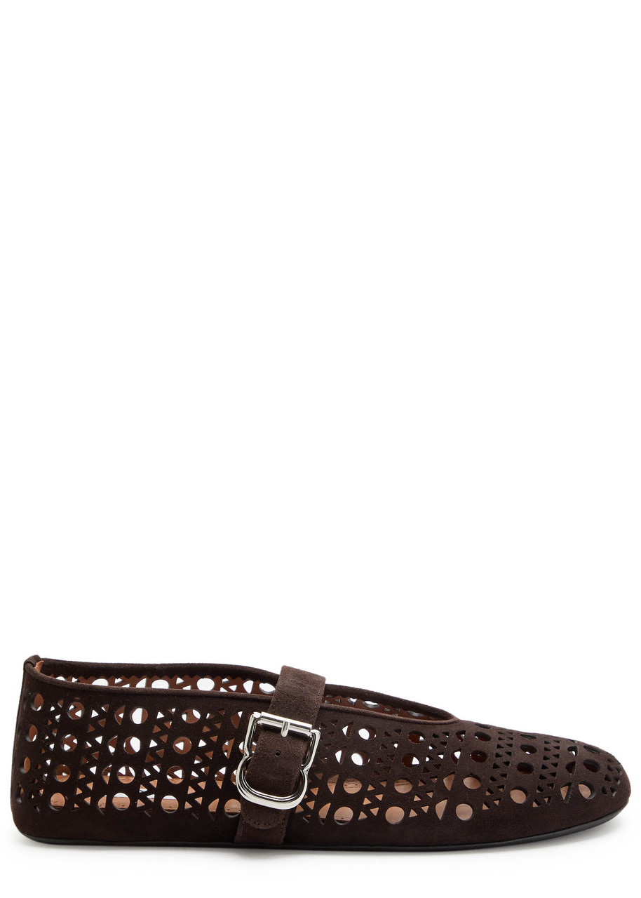 Alaïa Vienne Perforated Suede Buckle Ballerina Flats In Black