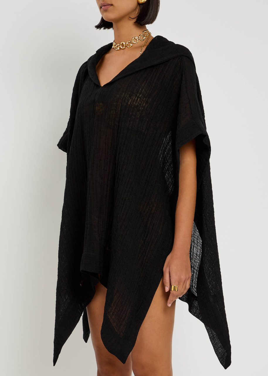Lisa Marie Fernandez Hooded Crinkled Linen-blend Gauze Poncho In Black