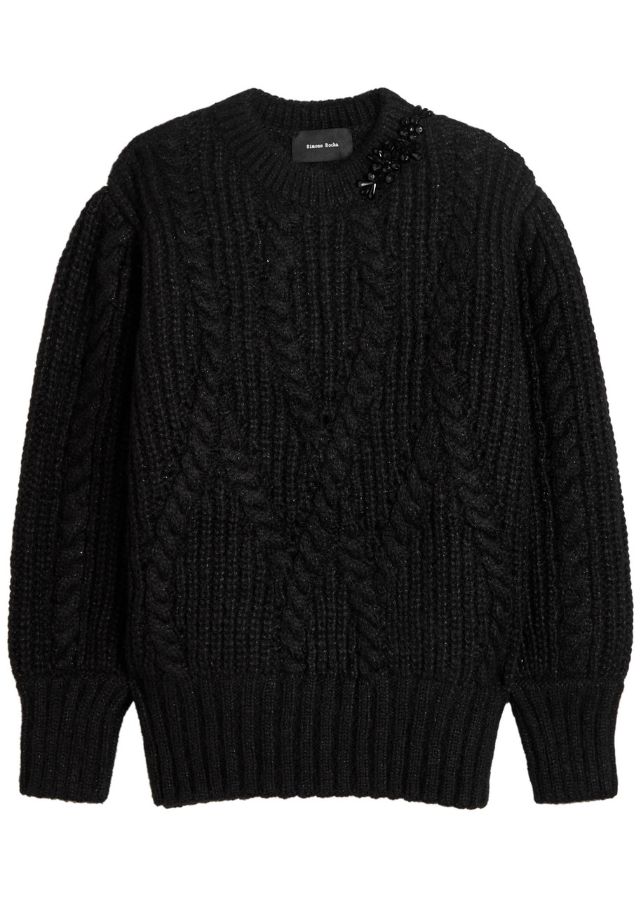 Simone Rocha Embellished Cable-knit Alpaca-blend Jumper In Black