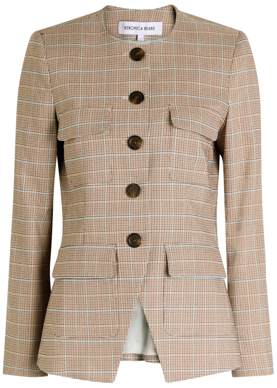 Veronica Beard Orrin Windowpane Plaid Collarless Jacket In Brown