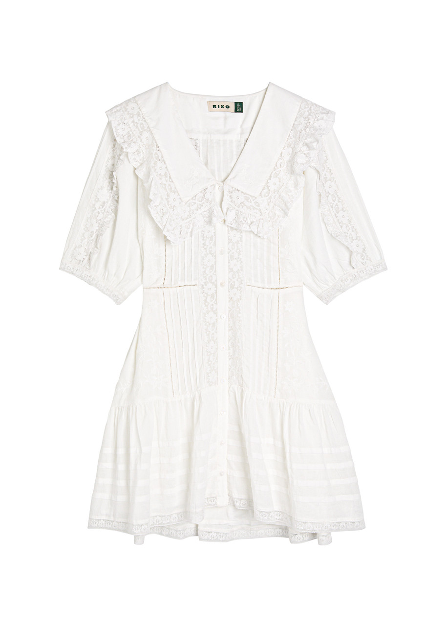 Rixo London Rixo Dove Pansy Embroidery Cotton Mini Dress In White