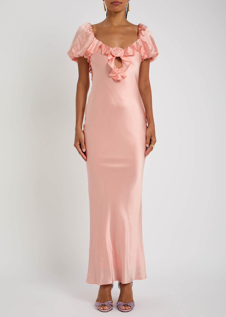 De La Vali Eden Ruffled Stretch-satin Maxi Dress In Pink
