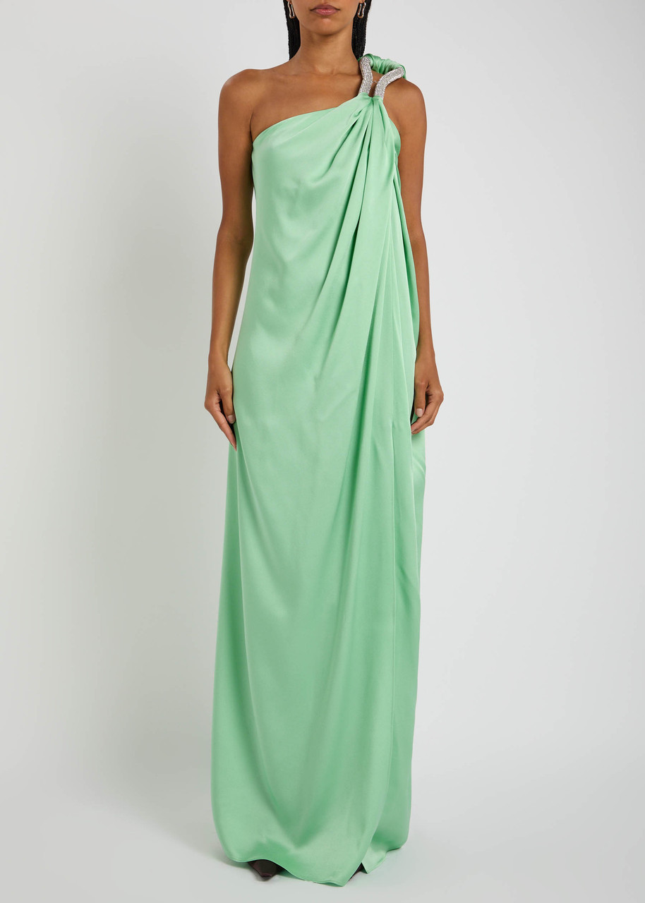 Stella Mccartney Crystal-embellished One-shoulder Satin Gown In Green