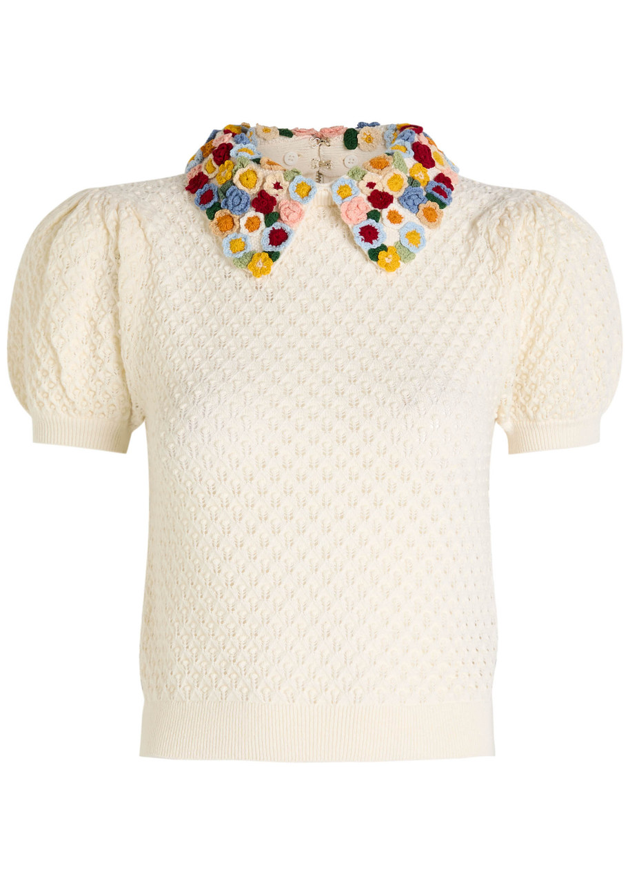 Alice And Olivia Short-sleeves Floral-collar Sweater In White