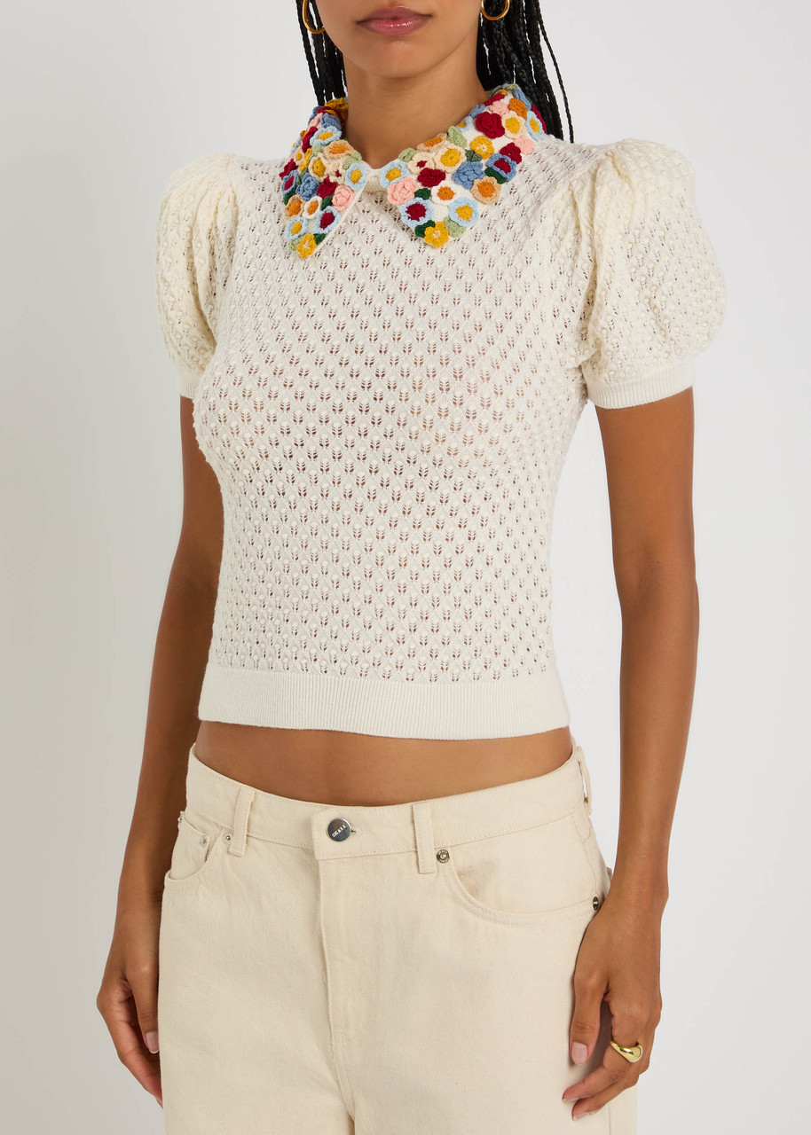 Alice And Olivia Short-sleeves Floral-collar Sweater In White