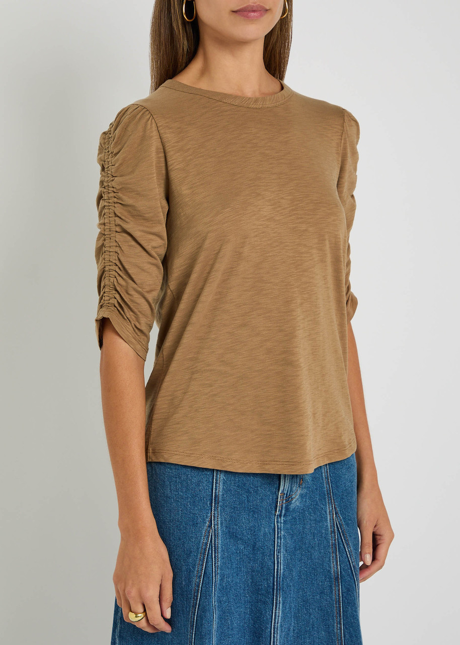 Veronica Beard Waldorf Ruched Sleeve Cotton Slub Top In Brown