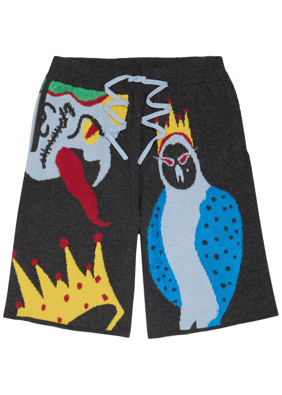 The Elder Statesman Mythical Creatures Intarsia Cashmere-blend Shorts In Black