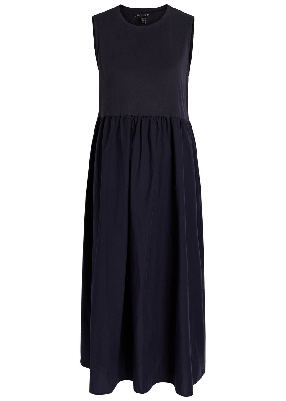 Eileen Fisher Pleated Cotton Midi Dress - Dark Blue - S (UK 10-12 / M)