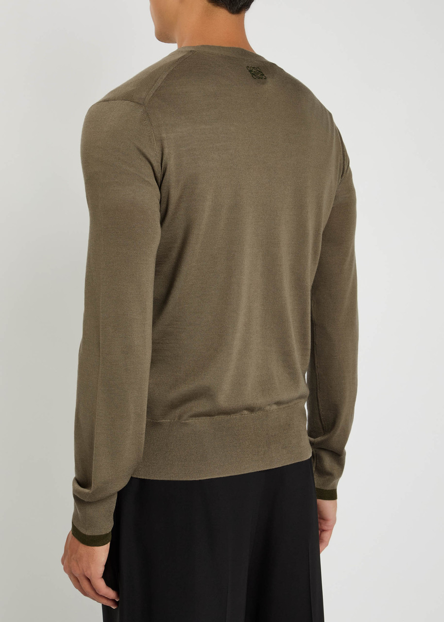  Loewe Logo-embroidered Fine-knit Wool Cardigan - Khaki - L 