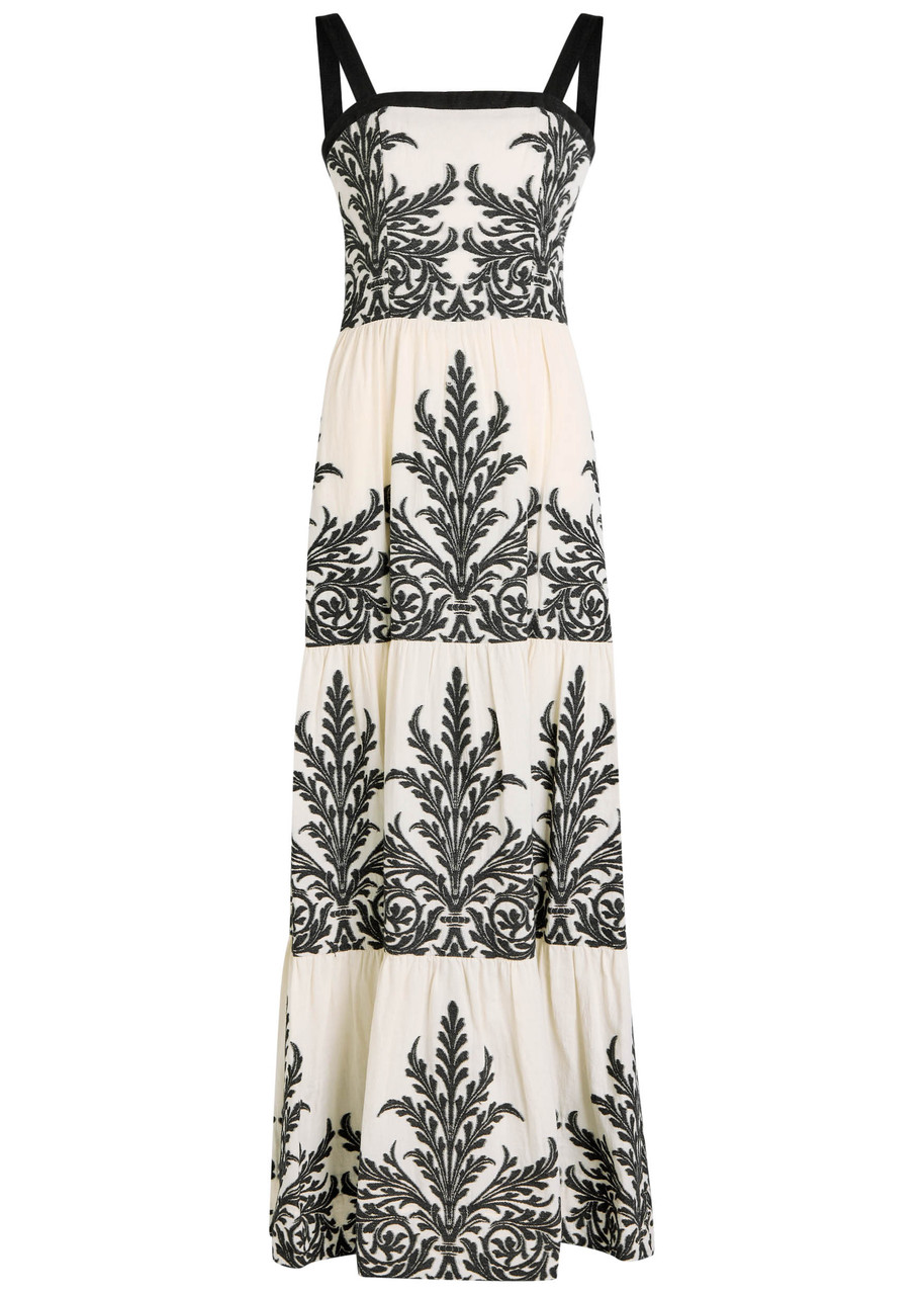 Alice And Olivia Saige Tiered Damask-print Maxi Dress In Multi