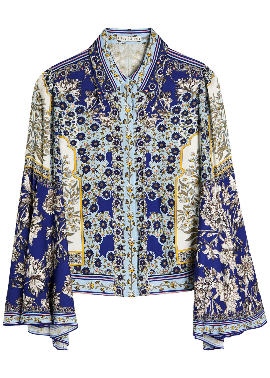Alice And Olivia Willa Forevermore Fitted Bell-sleeve Placket Top In Blue