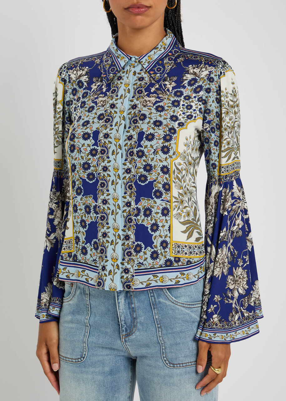 Alice And Olivia Willa Forevermore Fitted Bell-sleeve Placket Top In Blue