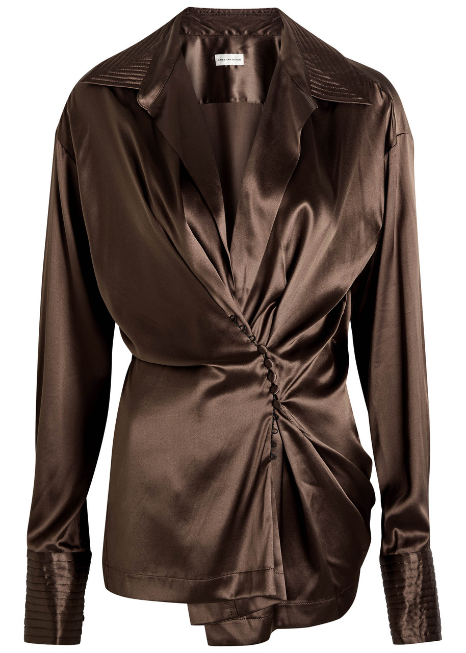 Dries Van Noten Clickys Gathered Stretch-silk Blouse - Brown - 38 (UK10 / S)