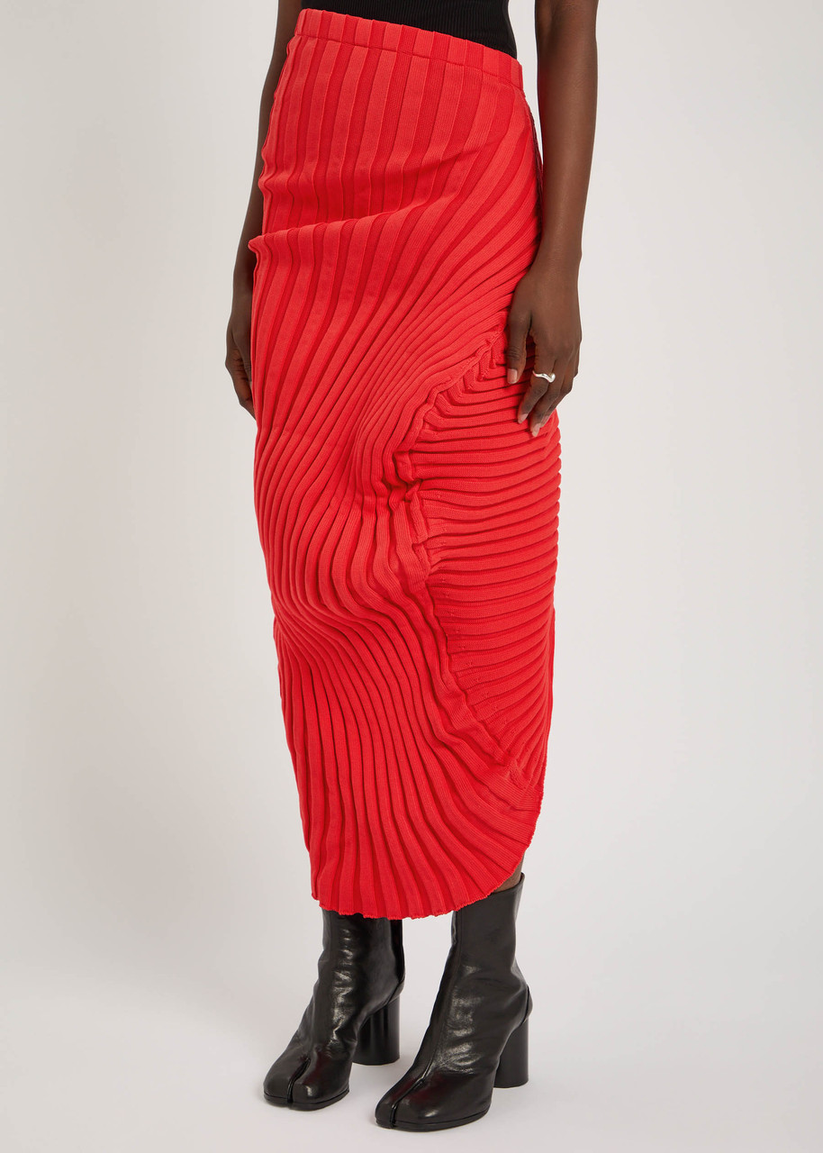 Issey Miyake Homme Plissé Asymmetric Ribbed-knit Midi Skirt In Red