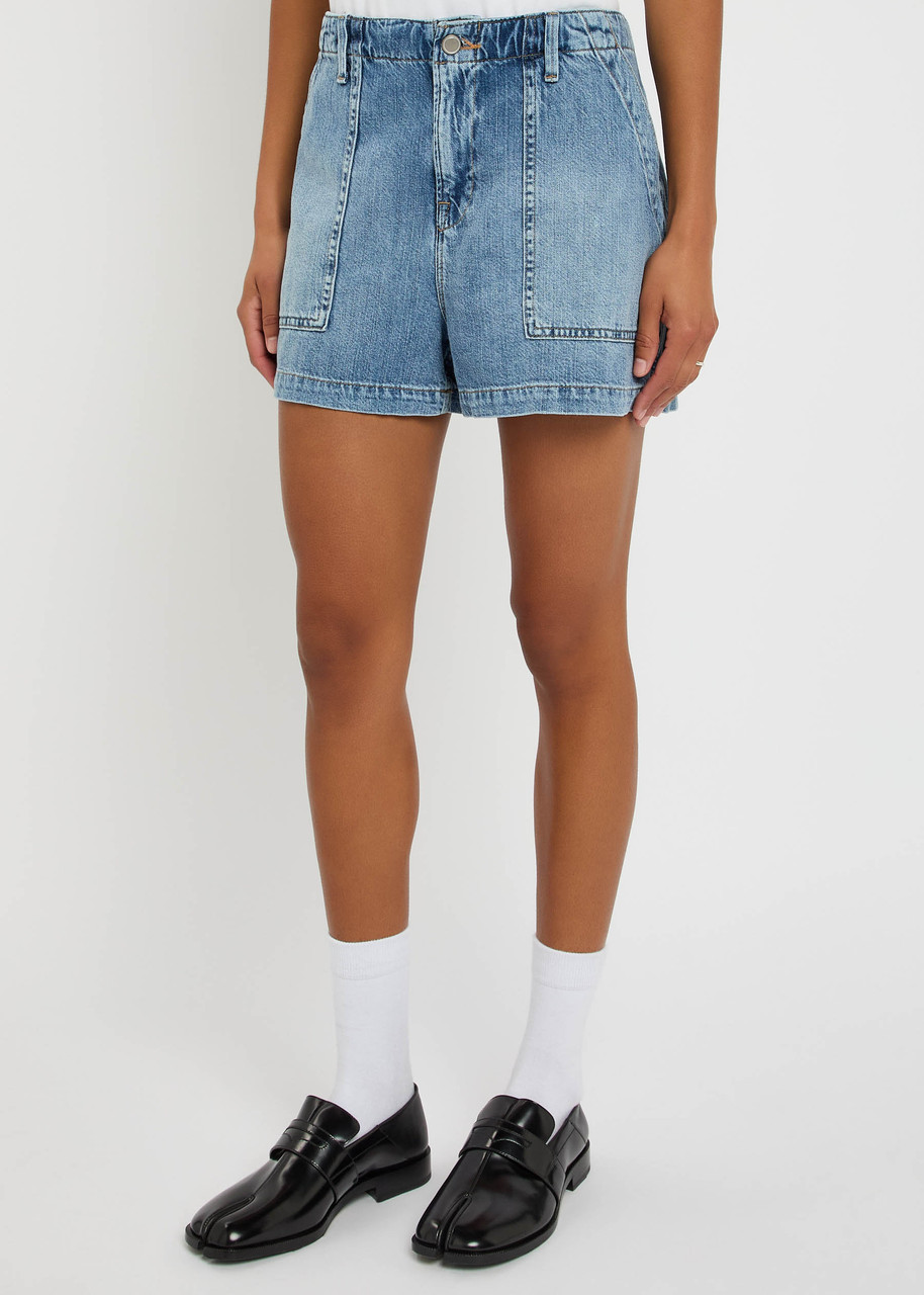 Good American Womens Indigo786 Drawstring Patch-pockets Denim-blend Shorts In Blue